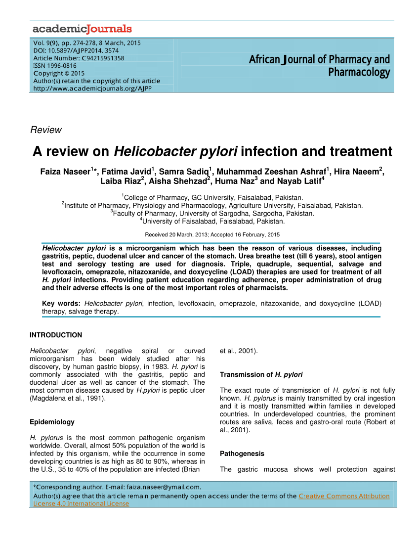 Pdf A Review On Helicobacter Pylori Infection And Treatment