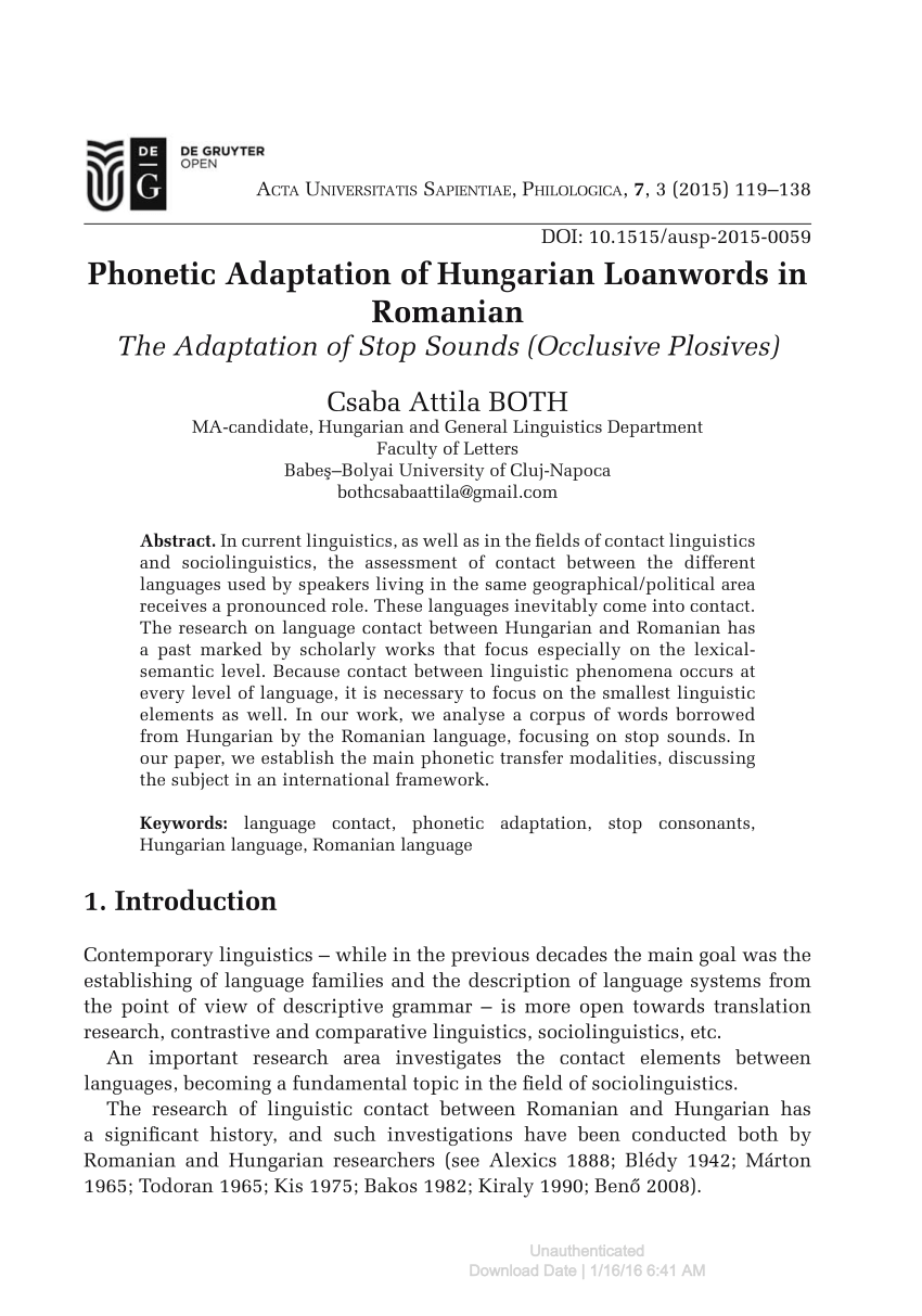 Pdf Phonetic Adaptation Of Hungarian Loanwords In Romanian