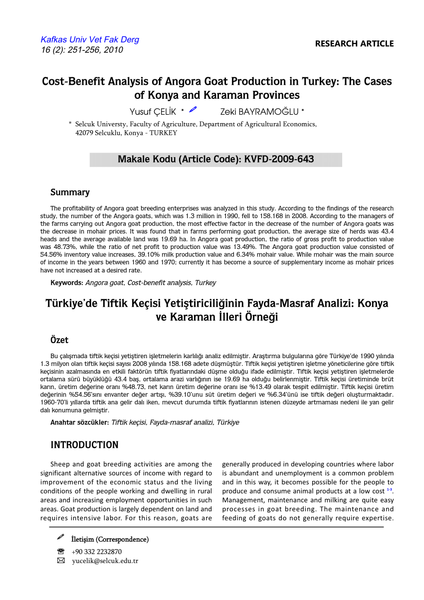 Pdf Cost Benefit Analysis Of Angora Goat Production In Turkey The Cases Of Konya And Karaman Provinces