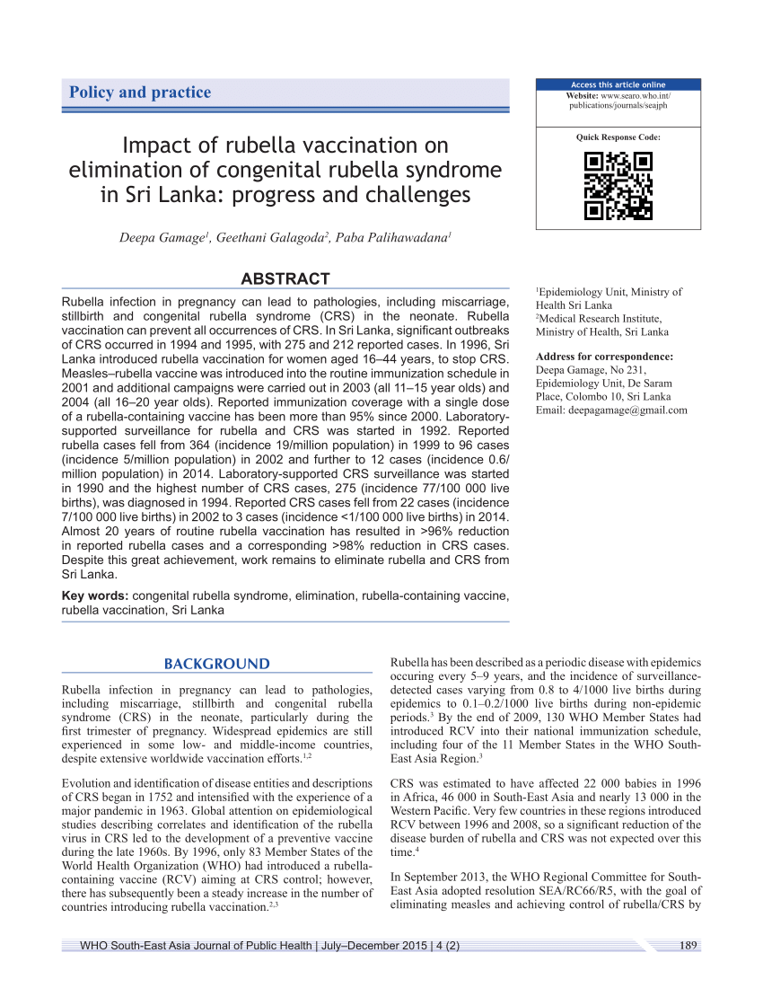 (PDF) Impact of rubella vaccination on elimination of congenital ...