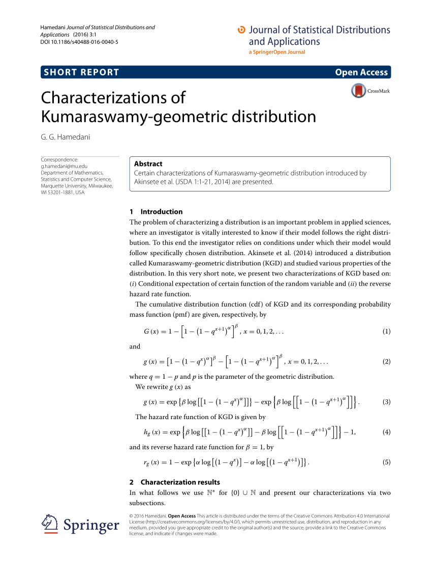 Pdf Characterizations Of Kumaraswamy Geometric Distribution