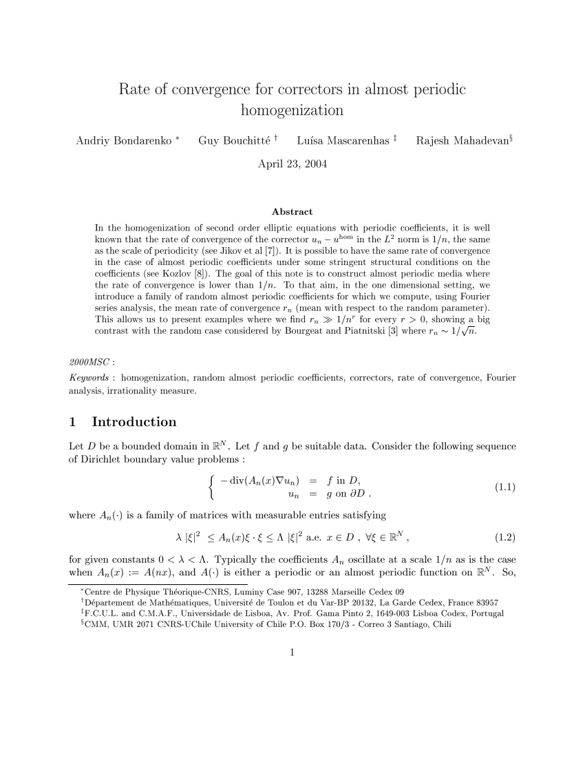 Pdf Rate Of Convergence For Correctors In Almost Periodic Homogenization