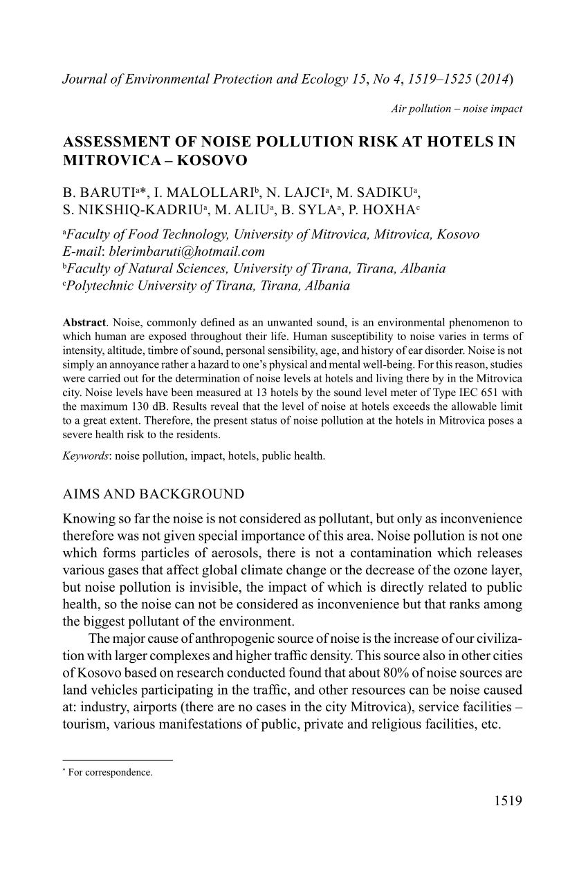 Pdf Assessment Of Noise Pollution Risk At Hotels In Mitrovica Kosovo