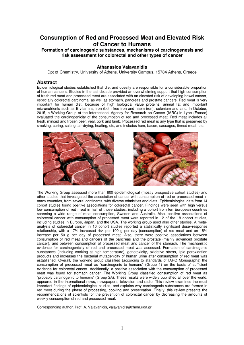 PDF) Consumption of Red and Processed Meat and Elevated Risk of Cancer to Humans. Formation of Carcinogenic Substances, Mechanisms of Carcinogenesis and Risk Assessment for Colorectal and Other Types of Cancer