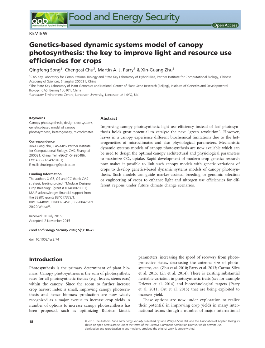 Pdf Genetics Based Dynamic Systems Model Of Canopy Photosynthesis The Key To Improve Light And Resource Use Efficiencies For Crops