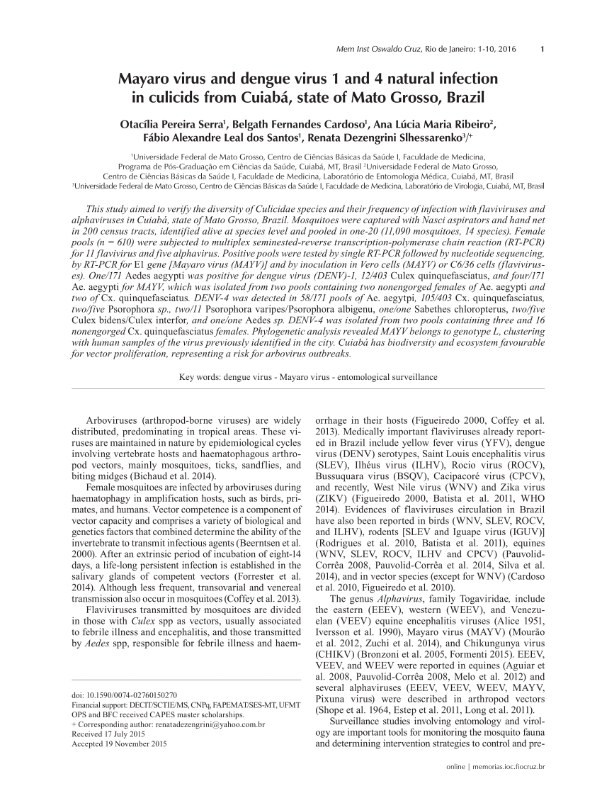 Pdf Mayaro Virus And Dengue Virus 1 And 4 Natural Infection In Culicids From Cuiaba State Of Mato Grosso Brazil