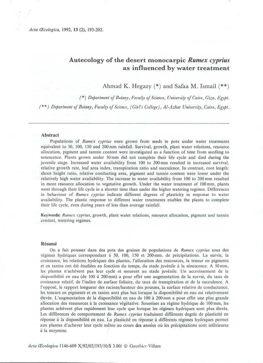 Pdf Autecology Of The Desert Monocarpic Rumex Cyprius As Influenced By Water Treatment