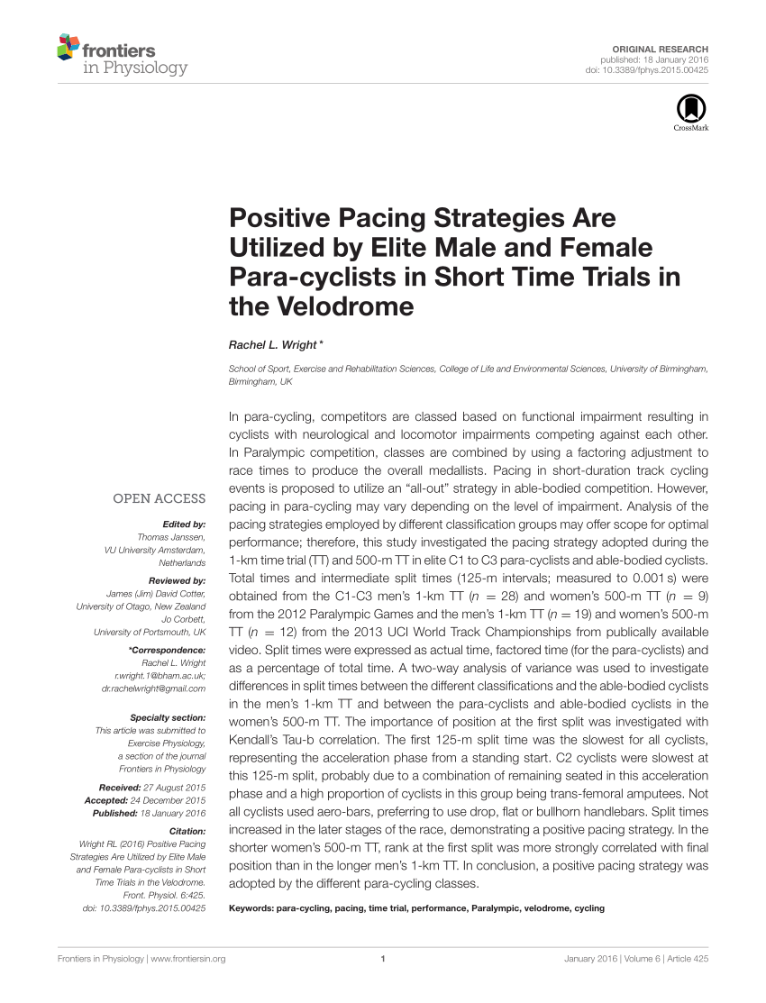 Pdf Positive Pacing Strategies Are Utilized By Elite Male And Female