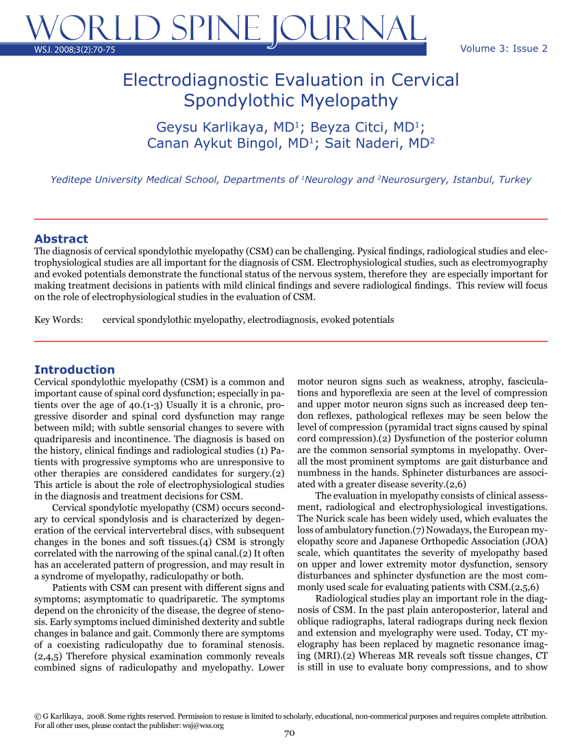 PDF) Electrodiagnostic Evaluation in Cervical Spondylothic Myelopathy