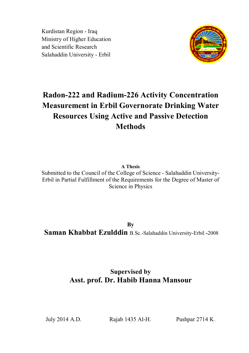 Pdf Radon 222 And Radium 226 Activity Concentration Measurement In Erbil Governorate Drinking Water Resources Using Active And Passive Detection Methods
