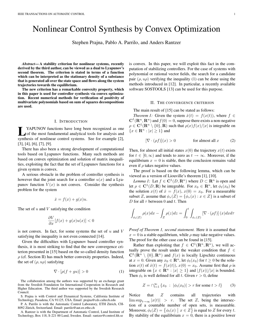 (PDF) Control Synthesis by Convex Optimization