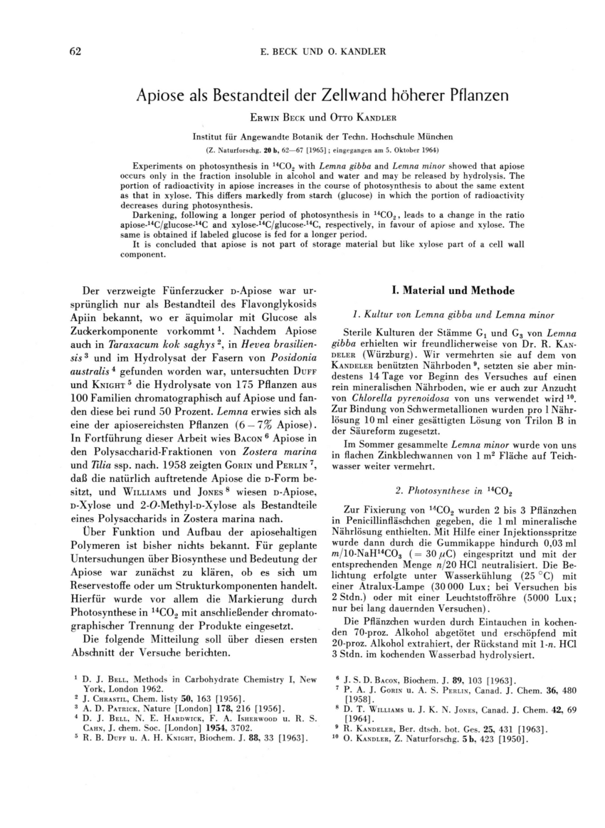 Pdf Apiose Als Bestandteil Der Zellwand Hoherer Pflanzen