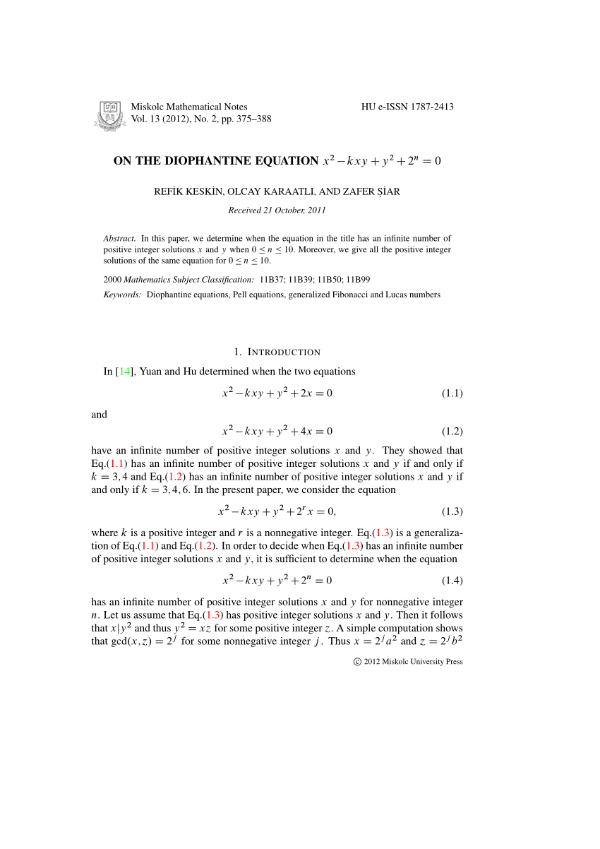 Pdf On The Diophantine Equation X2 Kxy Y2 2n 0