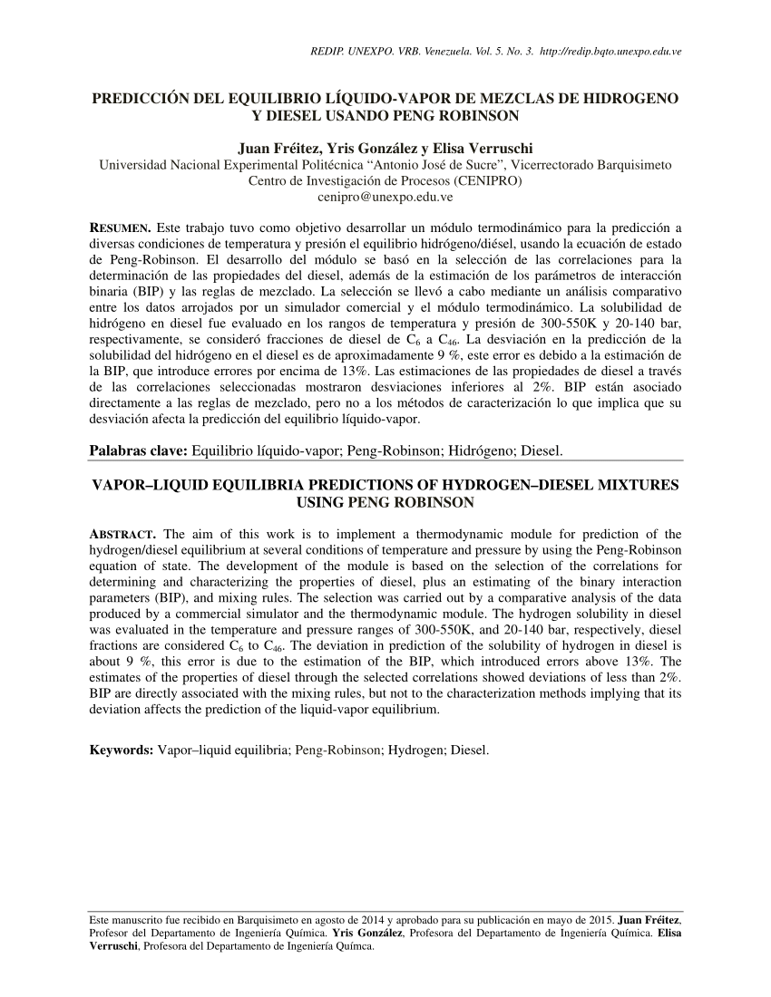 PDF) PREDICCIÓN DEL EQUILIBRIO LÍQUIDO-VAPOR DE MEZCLAS DE HIDROGENO Y  DIESEL USANDO PENG ROBINSON