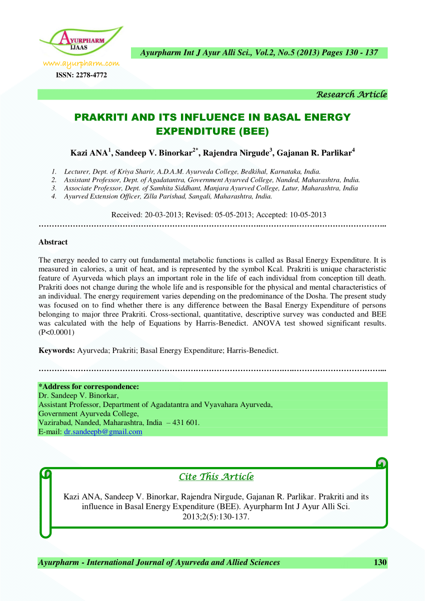 Pdf Prakriti And Its Influence In Basal Energy Expenditure Bee