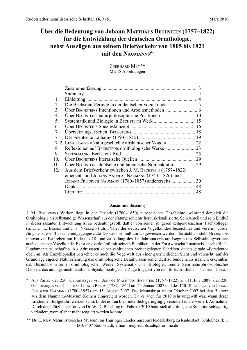 PDF Mey E 2010 über Bedeutung von Johann Matthäus Bechstein 1757 1822 für Entwicklung der deutschen Ornithologie nebst Auszügen aus seinem