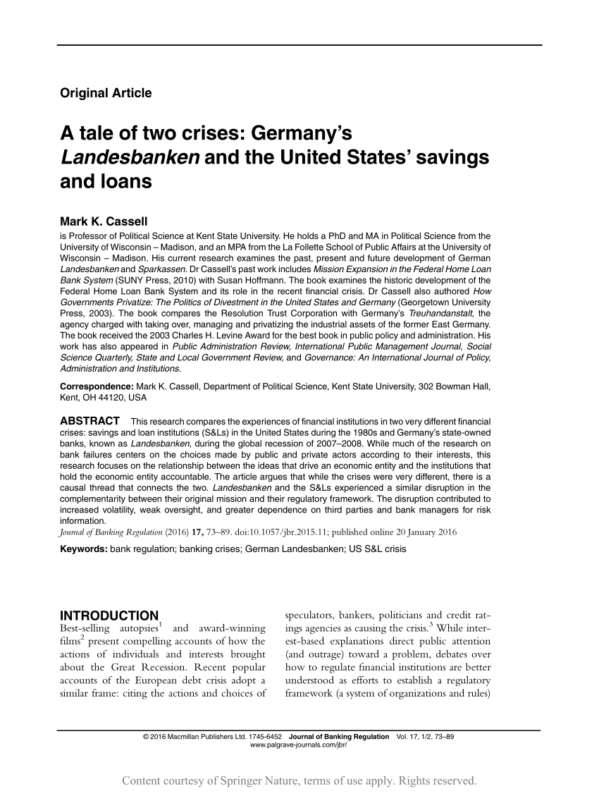 A Tale Of Two Crises Germany S Landesbanken And The United States Savings And Loans Request Pdf