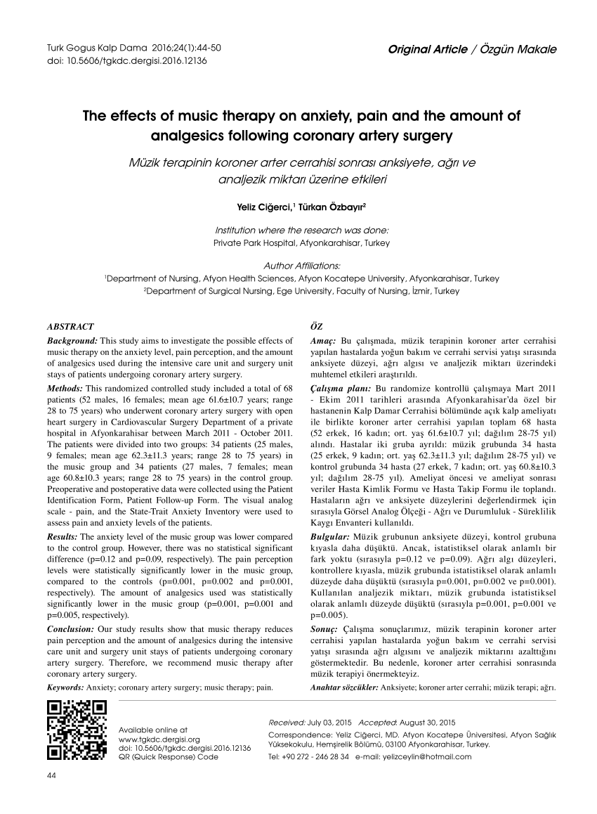 Pdf The Effects Of Music Therapy On Anxiety Pain And The Amount Of Analgesics Following Coronary Artery Surgery