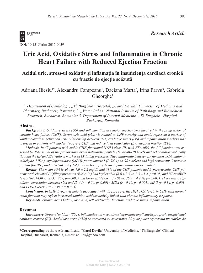 Pdf Uric Acid Oxidative Stress And Inflammation In Chronic Heart