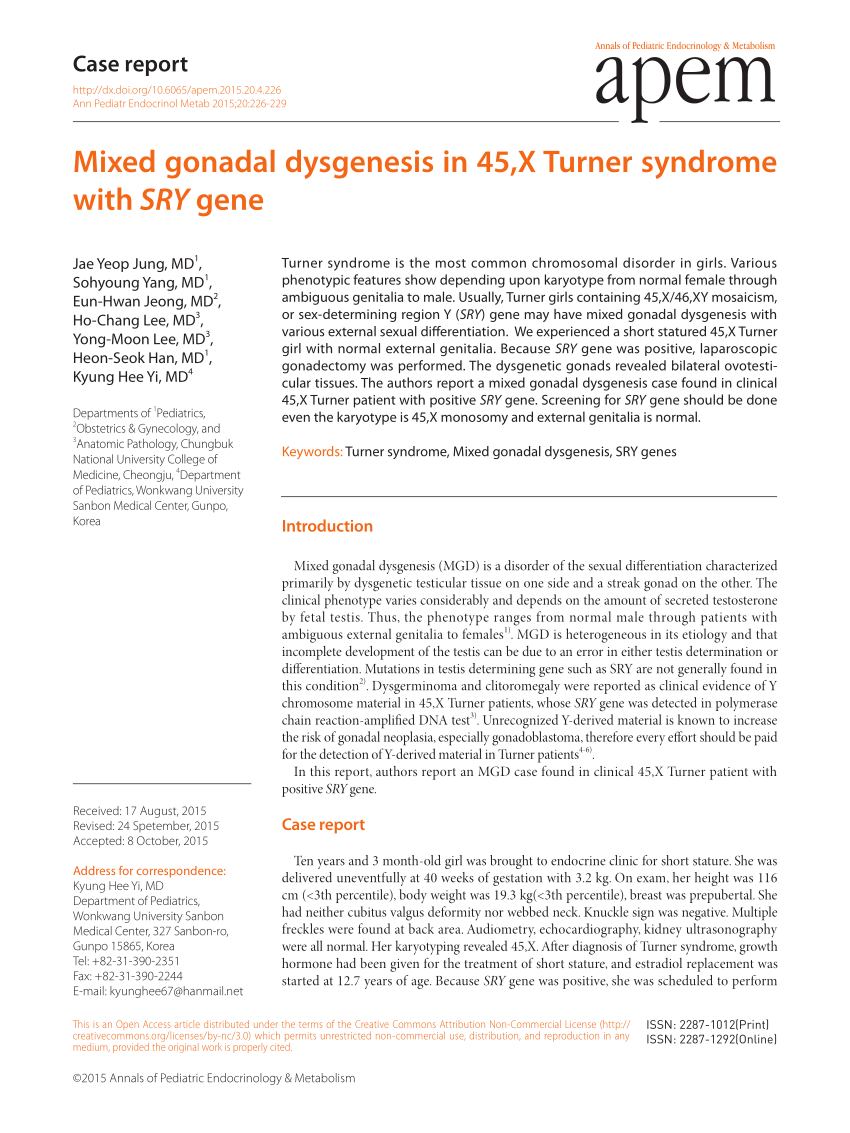 Pdf Mixed Gonadal Dysgenesis In 45x Turner Syndrome With Sry Gene 9209