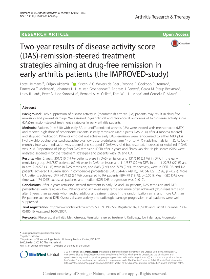 Pdf Two Year Results Of Disease Activity Score Das Remission Steered Treatment Strategies Aiming At Drug Free Remission In Early Arthritis Patients The Improved Study