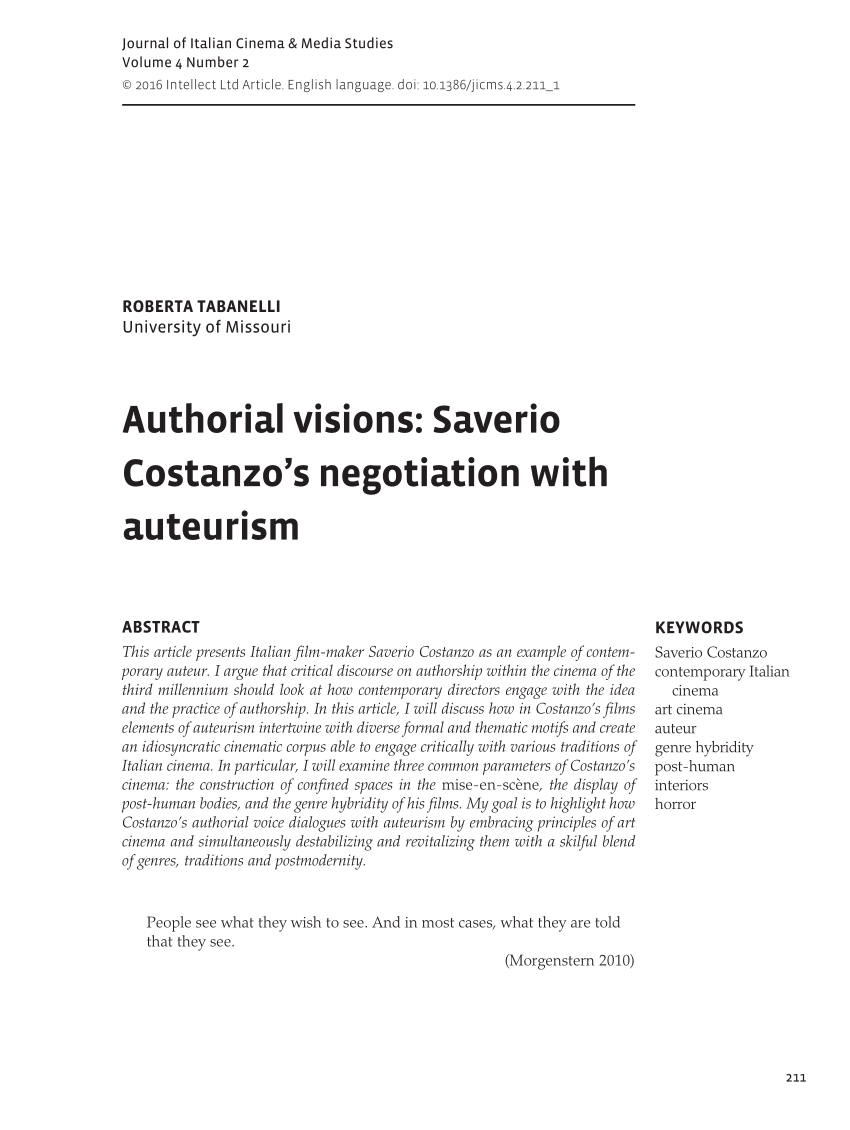 Pdf Authorial Visions Saverio Costanzo S Negotiation With Auteurism