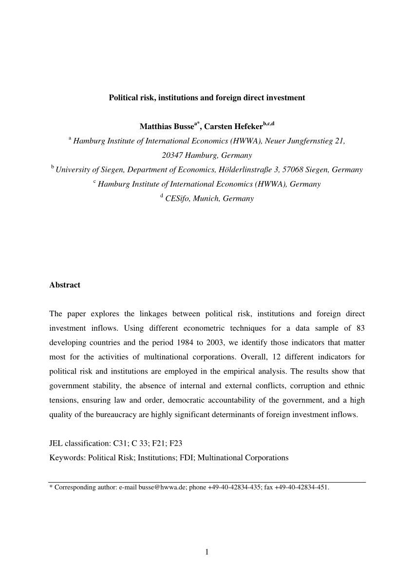 PDF) Political Risk, Institutions and Foreign Direct Investment