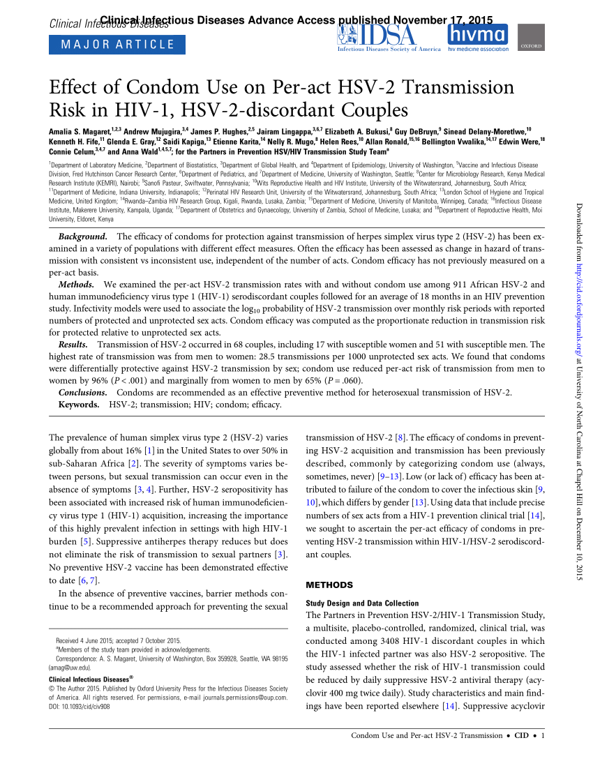 PDF) Effect of Condom Use on Per-act HSV-2 Transmission Risk in HIV-1, HSV-2-discordant Couples.