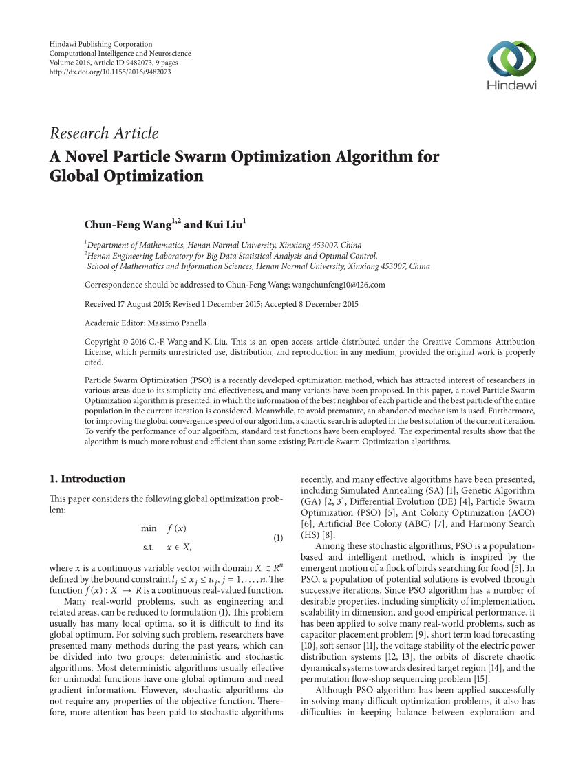 Pdf A Novel Particle Swarm Optimization Algorithm For Global