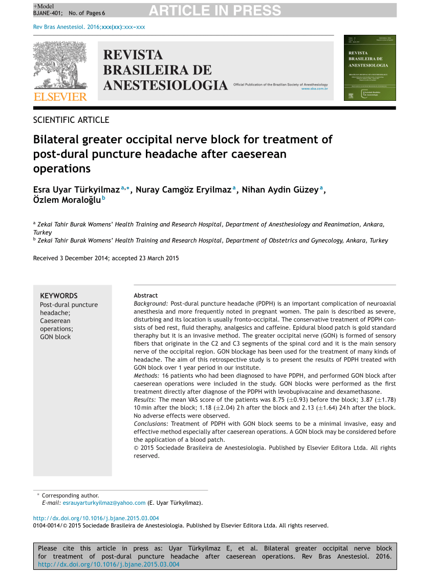 PDF Bilateral greater occipital nerve block for treatment of post  