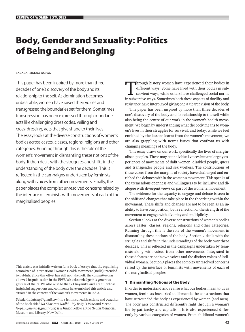 Pdf Body Gender And Sexuality Politics Of Being And Belonging 