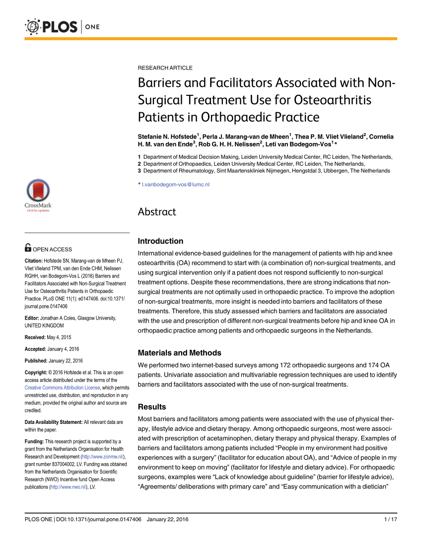 Pdf Barriers And Facilitators Associated With Non Surgical Treatment Use For Osteoarthritis 