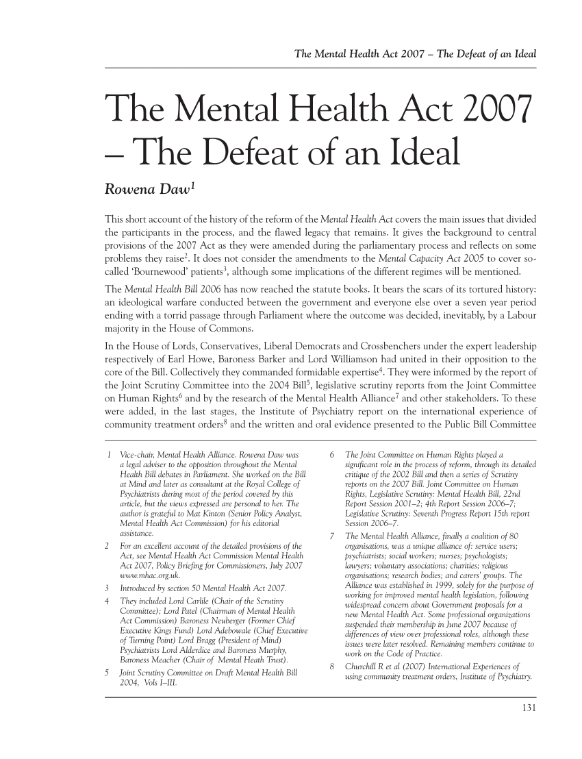 (PDF) The Mental Health Act 2007 The Defeat of an Ideal