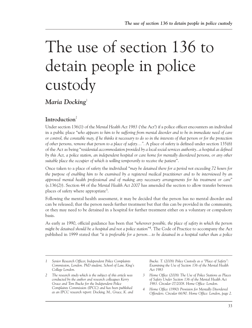 Pdf The Use Of Section 136 To Detain People In Police Custody