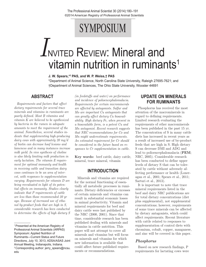 PDF) INVITEd REVIEW: Mineral and vitamin nutrition in ruminants 1