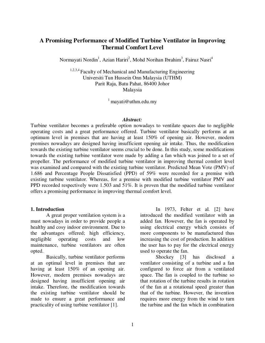 Pdf A Promising Performance Of Modified Turbine Ventilator In Improving Thermal Comfort Level