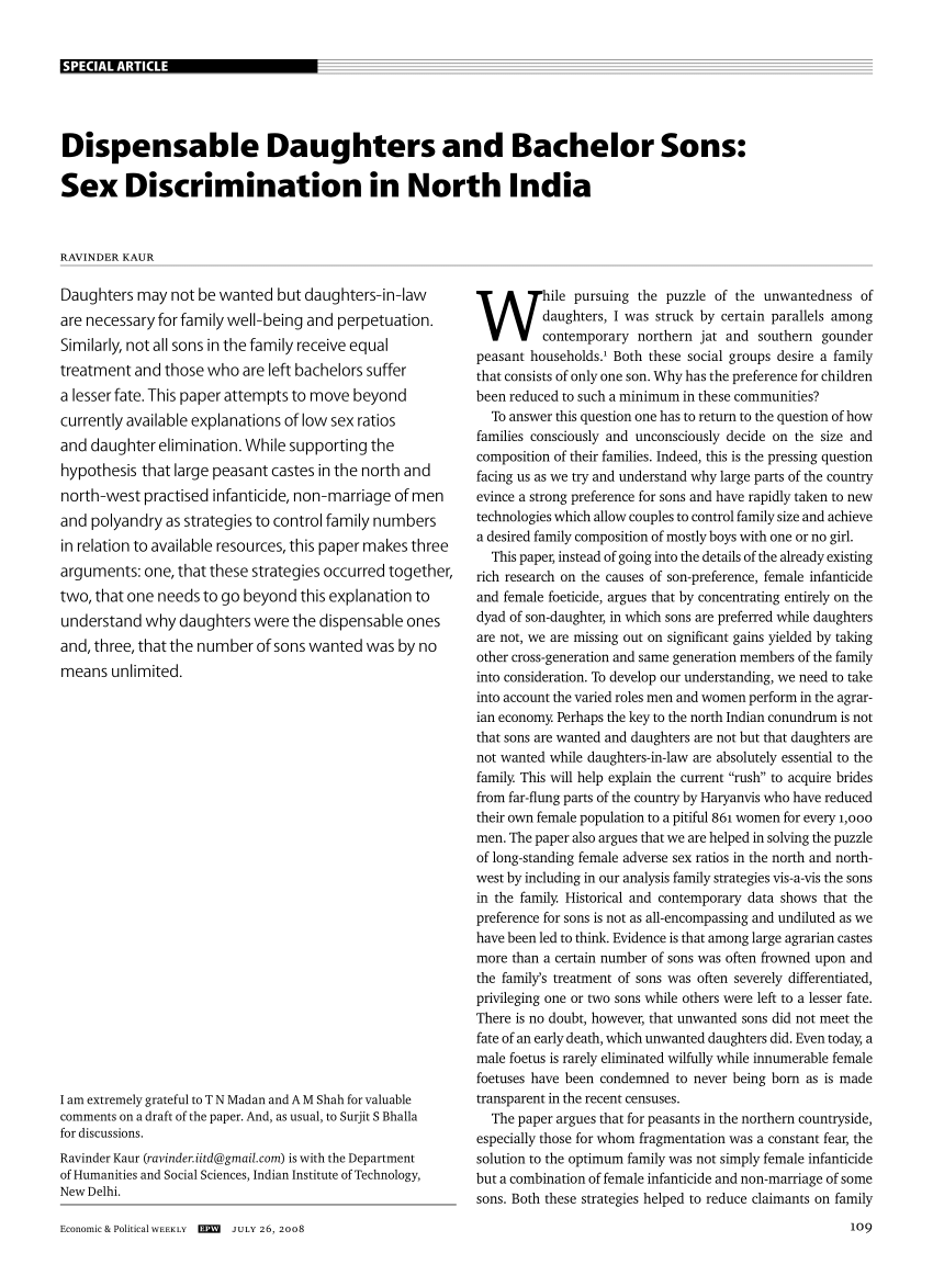 Pdf Dispensable Daughters And Bachelor Sons Sex Discrimination In North India