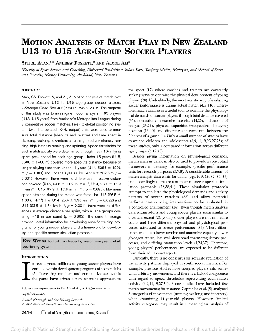 Pdf Motion Analysis Of Match Play In New Zealand U13 To U15 Age Group Soccer Players