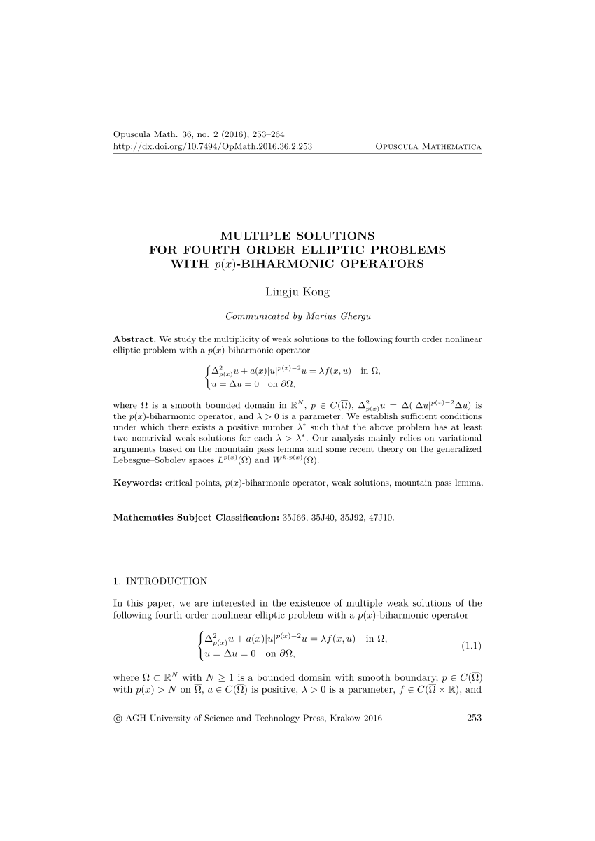 Pdf Multiple Solutions For Fourth Order Elliptic Problems With P X Biharmonic Operators