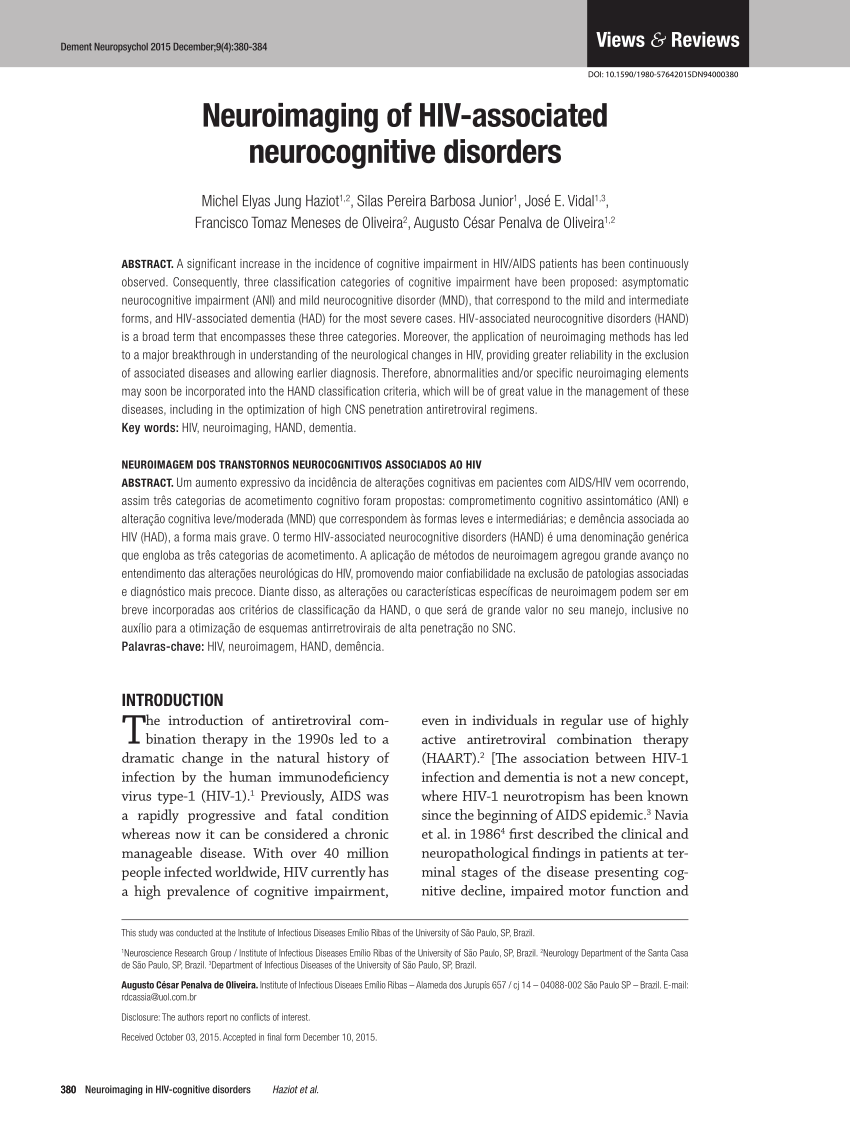 Pdf Neuroimaging Of Hiv Associated Neurocognitive Disorders