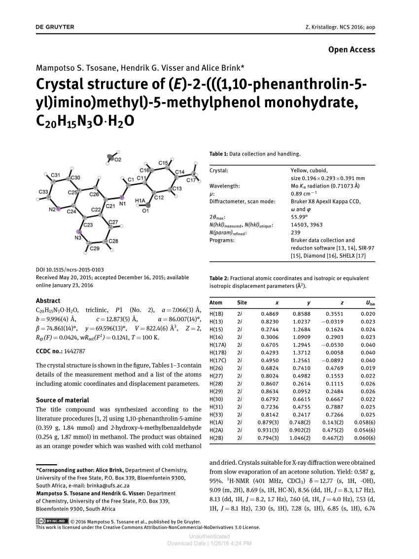 Pdf Crystal Structure Of E 2 1 10 Phenanthrolin 5 Yl Imino Methyl 5 Methylphenol Monohydrate Ch15n3o H2o