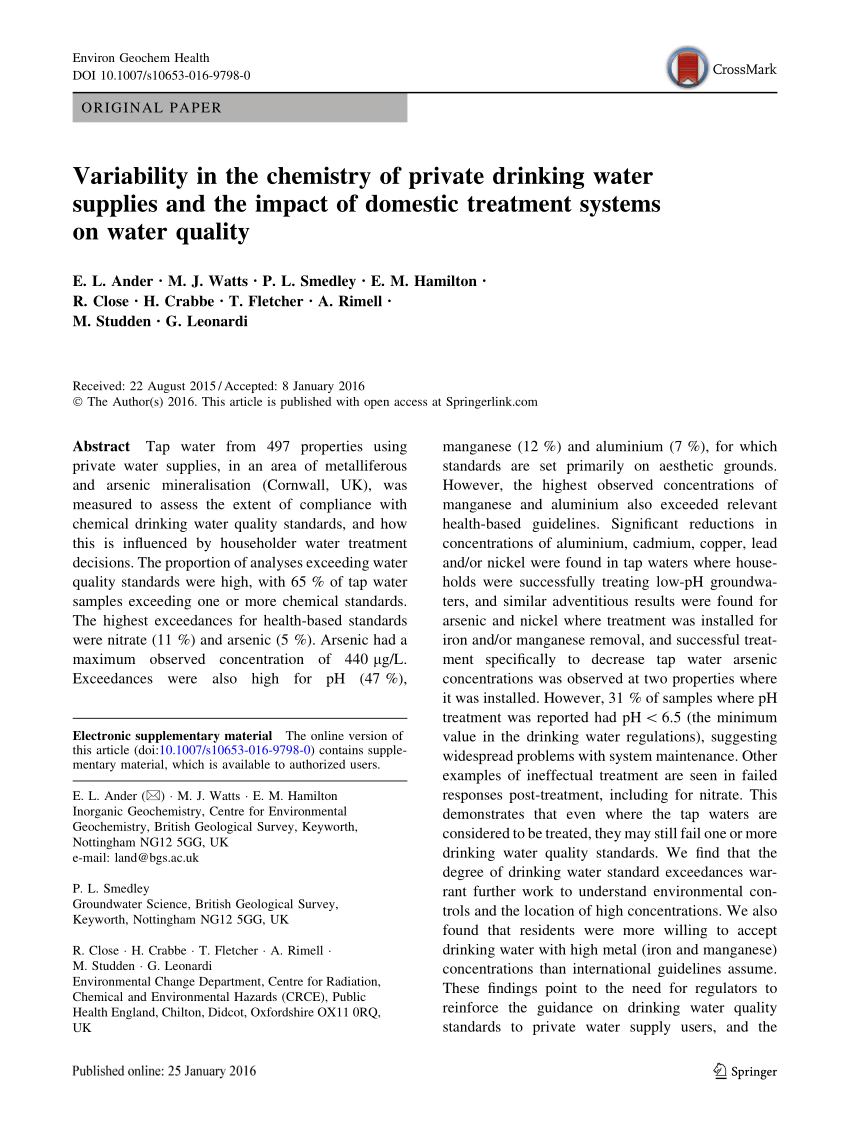 Pdf Variability In The Chemistry Of Private Drinking Water Supplies And The Impact Of Domestic 8488