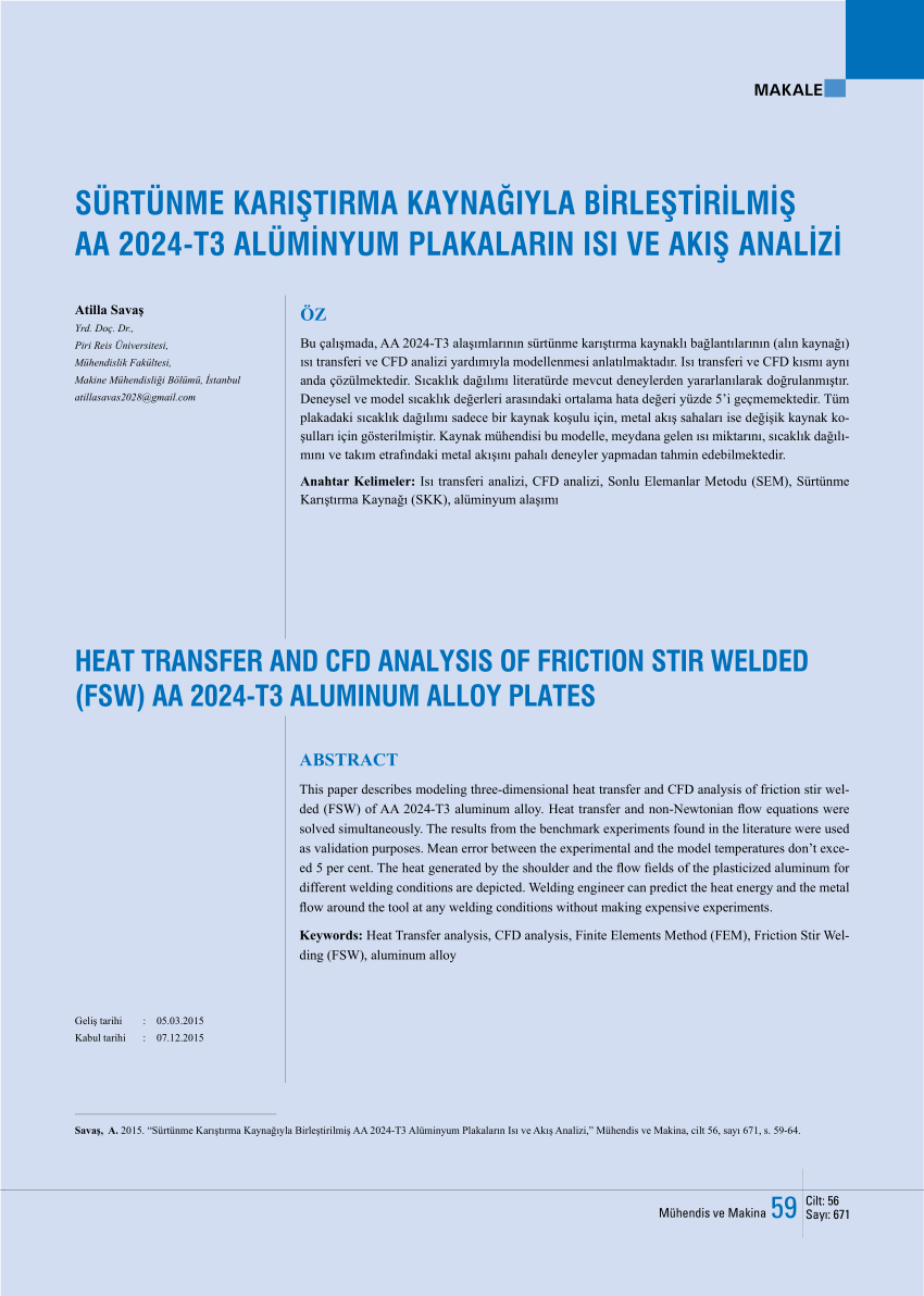 (PDF) MAKALE HEAT TRANSFER AND CFD ANALYSIS OF FRICTION STIR WELDED