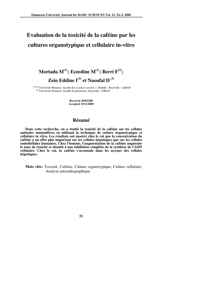 Pdf Evaluation De La Toxicite De La Cafeine Par Les Cultures Organotypique Et Cellulaire In Vitro