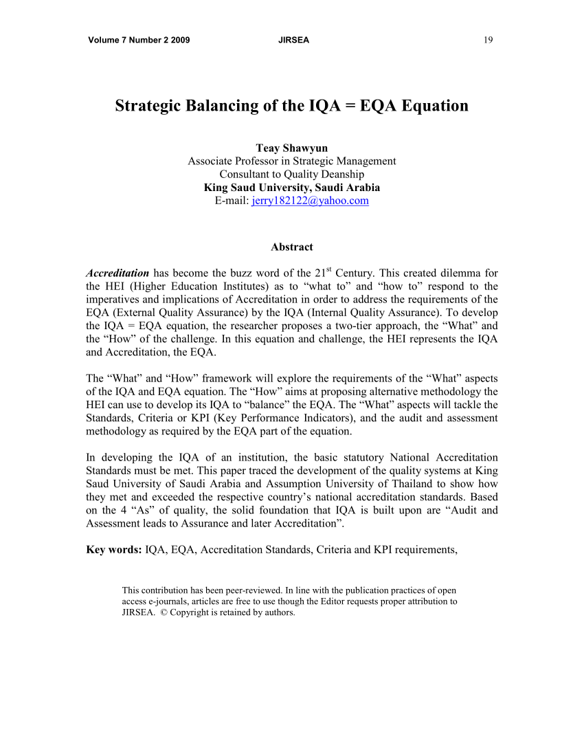 PDF) Strategic balancing of the IQA = EQA equation