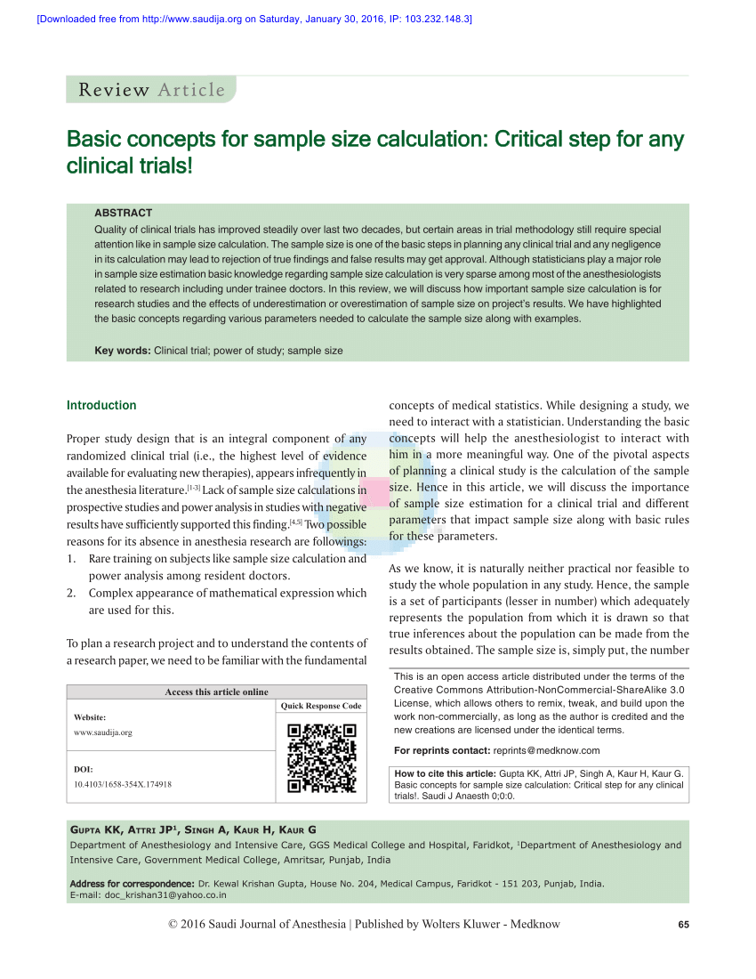 Pdf Basic Concepts For Sample Size Calculation Critical Step For Any Clinical Trials