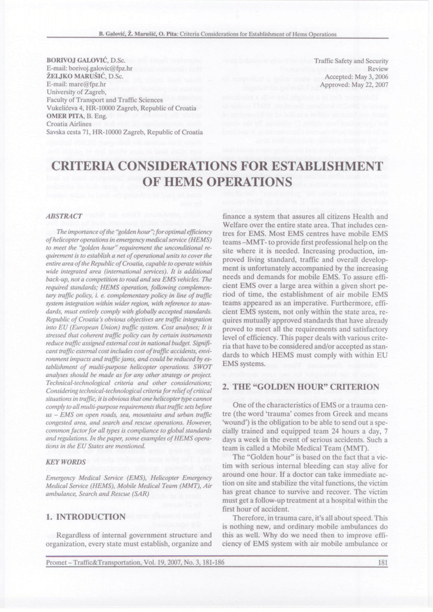 Pdf Criteria Considerations For Establishment Of Hems Operations