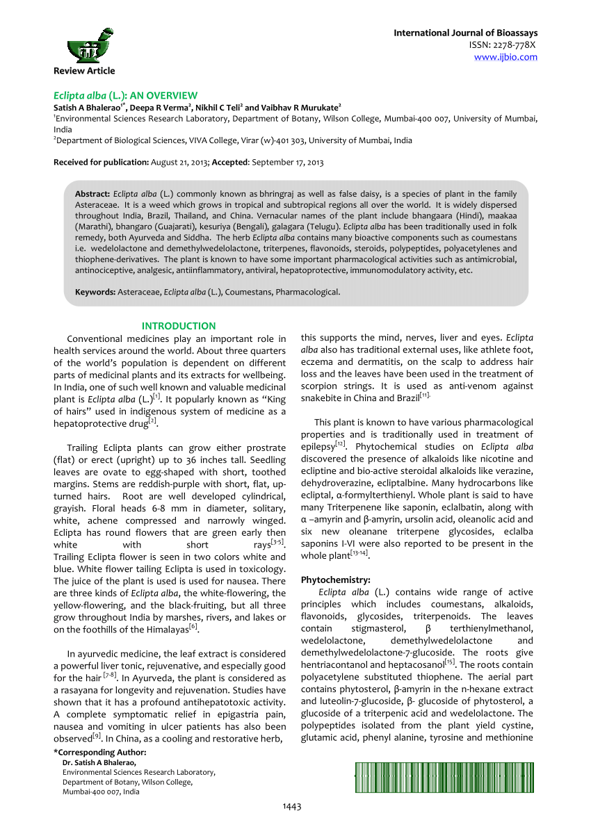 Pdf Eclipta Alba L An Overview