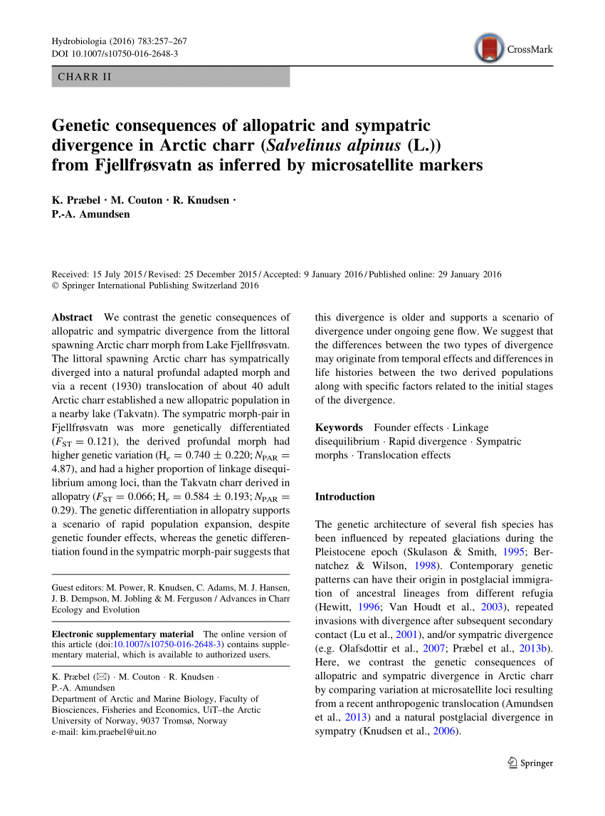 Pdf Genetic Consequences Of Allopatric And Sympatric Divergence In Arctic Charr Salvelinus Alpinus L From Fjellfrosvatn As Inferred By Microsatellite Markers