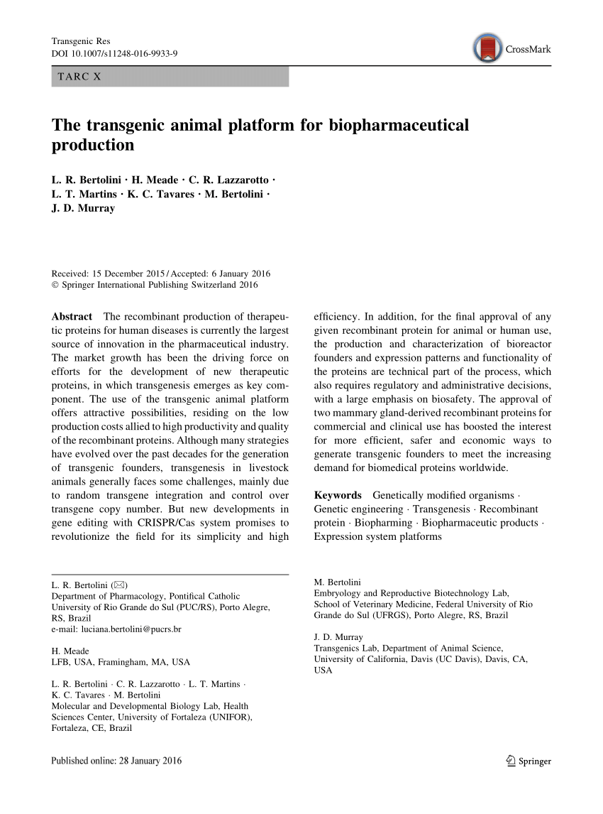 Pdf The Transgenic Animal Platform For Biopharmaceutical Production